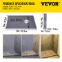 Spécifications du produit du kit de bordure de douche VEVOR avec mesures et vues d'installation.