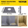 Spécifications du kit de bordure de douche VEVOR avec images des options d'installation pour la base de douche de 48 po x 48 po.