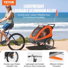 VEVOR Remorque de vélo pour enfants, siège double, charge 55 kg, porte-auvent 2en1 transformant en poussette, remorque de vélo pliable pour tout-petits avec attelage de vélo universel, orange gris