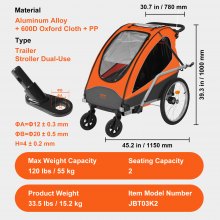 VEVOR Remorque de vélo pour enfants, siège double, charge 55 kg, porte-auvent 2en1 transformant en poussette, remorque de vélo pliable pour tout-petits avec attelage de vélo universel, orange gris