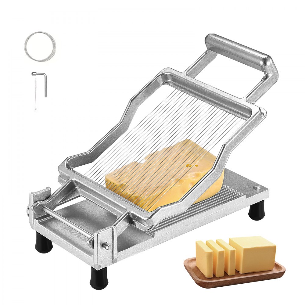 Trancheuse à fromage VEVOR avec fil, poignée et vis en acier inoxydable, tranchant un bloc de fromage sur un plateau en bois.