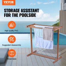 VEVOR Porte-serviettes de Piscine, 5 Barres, Marron, Organisateur de Rangement Autoportant en Forme de T, avec Pinces, Sac et Crochet, pour Ranger Flotteurs et Pagaies, Plage, au Bord de la Piscine