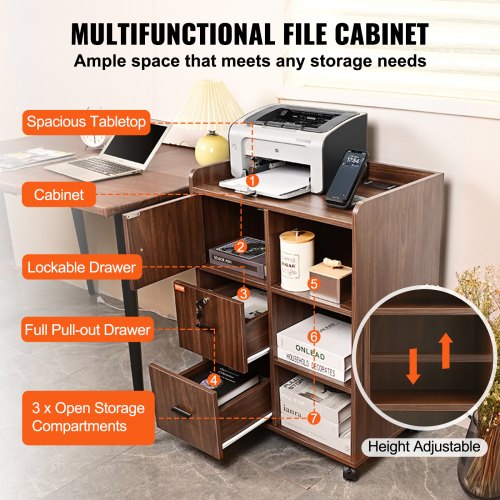 Classeur Mobile En Bois Avec Tiroir Verrouillable VEVOR - Étagères Ouvertes, Roulettes, Idéal Bureau Ou Maison - 4