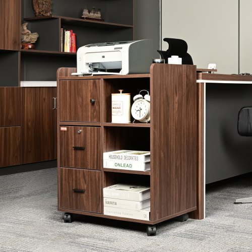 Classeur Mobile En Bois Avec Tiroir Verrouillable VEVOR - Étagères Ouvertes, Roulettes, Idéal Bureau Ou Maison - 1
