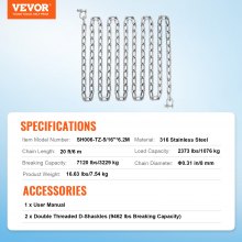 VEVOR Chaîne d'ancre de bateau, 8 mm x 6 m, chaîne d'ancrage acier inox 316, capacité de rupture 3230 kg, manilles à double anneau de verrou, pour bateaux, pont, fonctionne avec différentes ancres