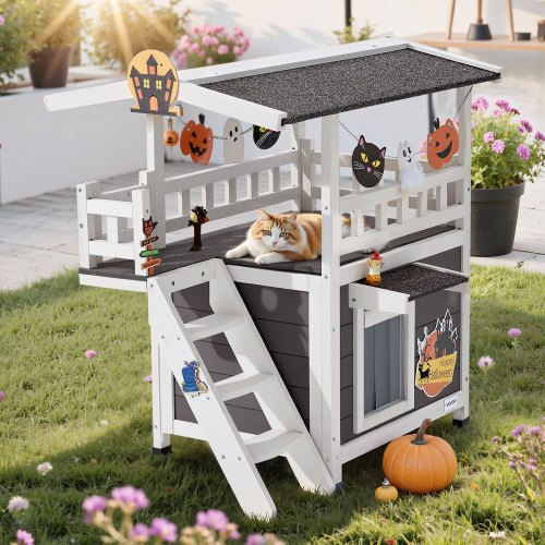Maison Pour Chat En Bois 2 étages 107 Cm - Niche Extérieure Avec Toit Asphalté, Fenêtres, Surélevée