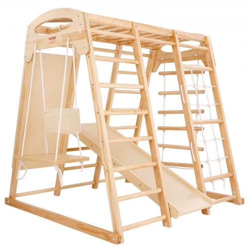 Mophorn Aire de jeux intérieure en bois 4-en-1, comprenant planche d'escalade, toboggan, échelle