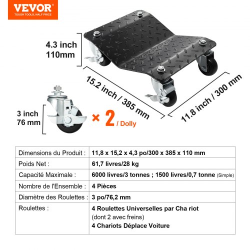 VEVOR Chariot De Manutention Voiture 4 Pièces - Charge 3 Tonnes - Roues Verrouillables