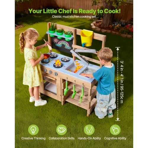 Cuisine à Boue 99,5 Cm Cuisine Patouille Extérieur Enfant Pour Jouer Avec Eau Et Sable En Bois Avec Pots Plantation Boite Observation Reservoir Eau Evier Spatules Casseroles Accessoires P 010135076334