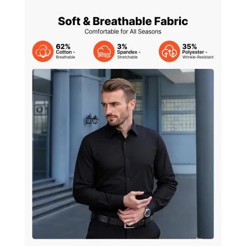 Chemise Homme Infroissable VEVOR – Manches Longues, Coupe Ajustée, Tissu Extensible | Pour Travail, Mariage, Voyage, Blanc, Taille M
