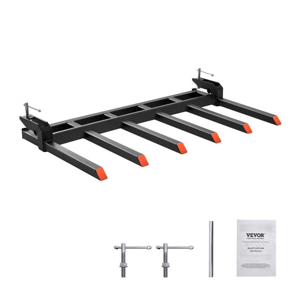 Fourches à débris VEVOR avec embouts rouges, pinces réglables, boulons et manuel d'utilisation. Idéal pour les accessoires de tracteur.