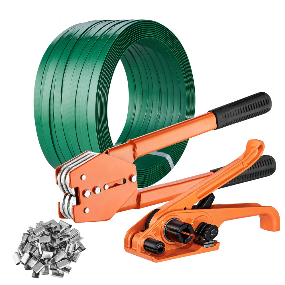 Kit de cerclage VEVOR avec rouleau de sangle verte, outil orange et clips métalliques