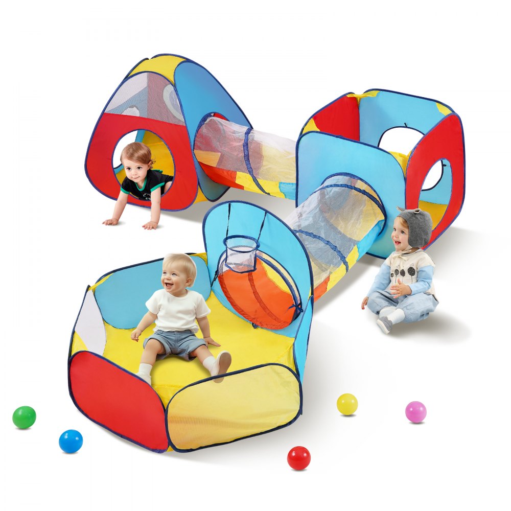 VEVOR Tente tunnel de jeu enfants 5en1, panier de basket, maison de jeu pop-up intérieur extérieur sac de transport sangles de serrage cadeaux pour garçons, filles, bébés, tout-petit, rouge/jaune/bleu