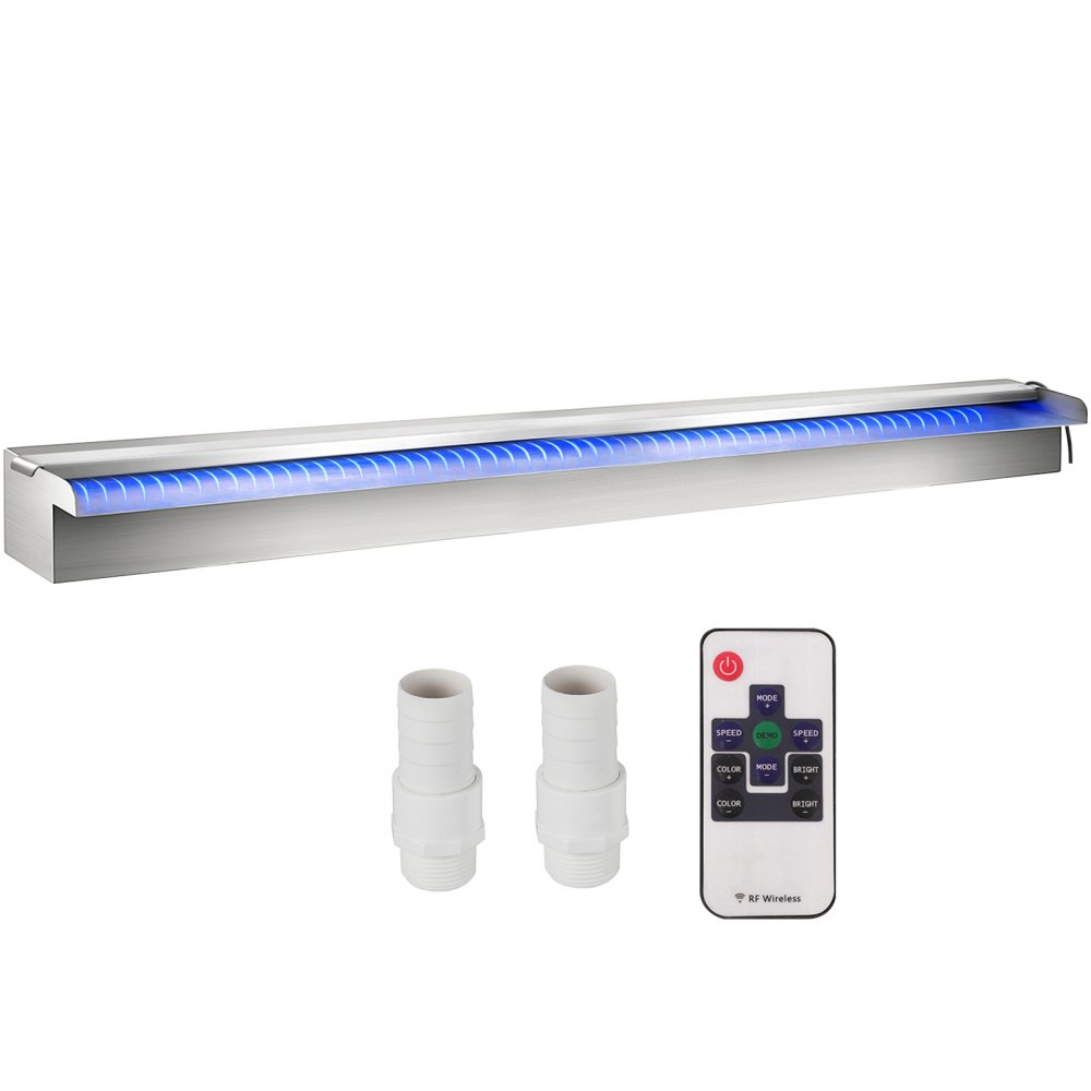 VEVOR Déversoir à cascade piscine 120x11,5x8 cm fontaine chute d'eau de piscine acier inox avec bande LED colorée, connecteur de tuyau, télécommande, résistant à corrosion pour étang, jardin extérieur