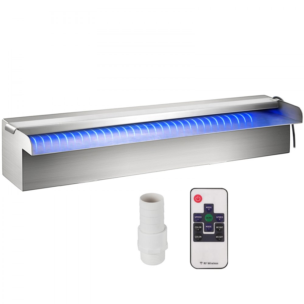 VEVOR Déversoir à cascade piscine 30x11,5x8 cm fontaine chute d'eau de piscine acier inox avec bande LED colorée, connecteur de tuyau, télécommande, résistant à corrosion pour étang, jardin extérieur