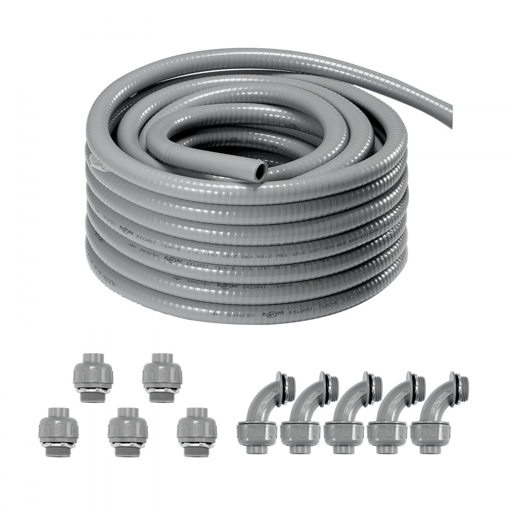 rouleau gris de conduit électrique flexible VEVOR avec connecteurs et raccords coudés disposés en dessous.