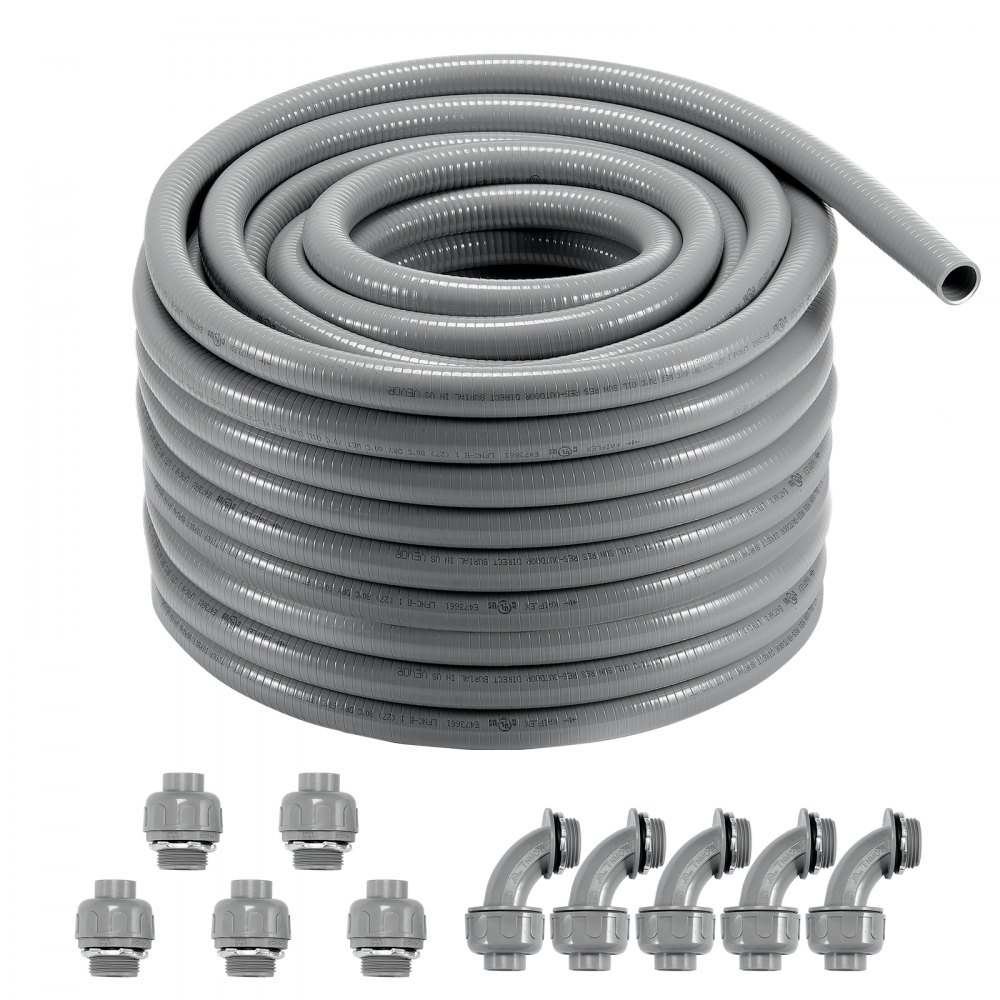 Conduit spiralé étanche en PVC VEVOR gris avec connecteurs assortis et raccords coudés, idéal pour la protection du câblage.