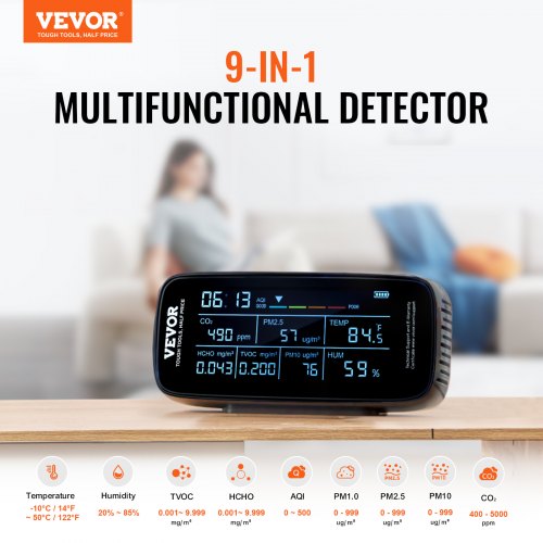 VEVOR Moniteur de qualité dair 9 en 1, détecteur de CO2 VEVOR Moniteur de qualité dair 9 en 1, détecteur de CO2