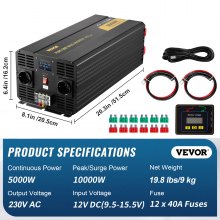 VEVOR Onduleur à onde sinusoïdale pure 5000 W CC 12 V vers CA 230 V écran LCD