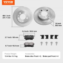 VEVOR Disques de Frein Arrière 232 mm Kit de Remplacement pour Audi A3 (8L)