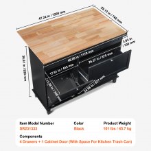 VEVOR Chariot de rangement pour îlot de cuisine avec tiroirs et poubelle 1200 mm