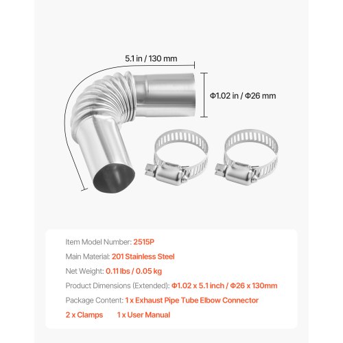 Raccord Coudé Inox Pour Tuyau échappement Chauffage Diesel - 25 Mm - Compatible 2kW/5kW/8kW - 2 Pièces + 4 Colliers De Serrage