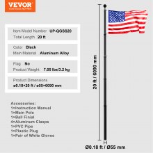 VEVOR Kit de mât de drapeaux télescopique 6090 mm mât en aluminium robuste noir