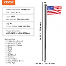 VEVOR Kit de mât de drapeaux détachable 7550 mm mât en aluminium robuste noir