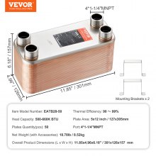 VEVOR Échangeur de chaleur à 50 plaques brasées acier inoxydable 316L 127x305mm