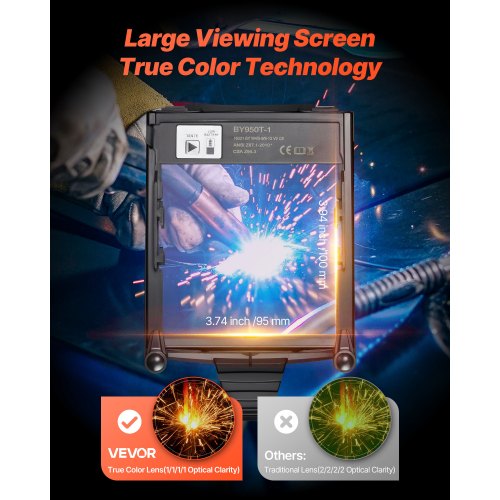 Casque De Soudage VEVOR Solaire True Color - Grande Vue 100x95mm, 4 Capteurs, Teinte DIN 4/5-9/9-13 - Série METIS