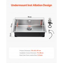 VEVOR Évier de cuisine à encastrer sous plan en acier inox 304 cuve simple 76 cm