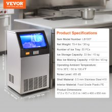 VEVOR Machine à Glaçons Commerciale 45 kg/24 h Appareil de Préparation de Glaçons 55 Bacs Capacité de Stockage 15 kg Nettoyage Auto sans Installation Autoportant pour Maison Bureau Restaurant Bar