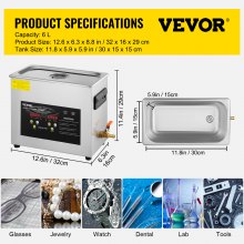 VEVOR Nettoyeur à Ultrasons Numérique 6 L 400 W avec Chauffage Minuterie Bijoux