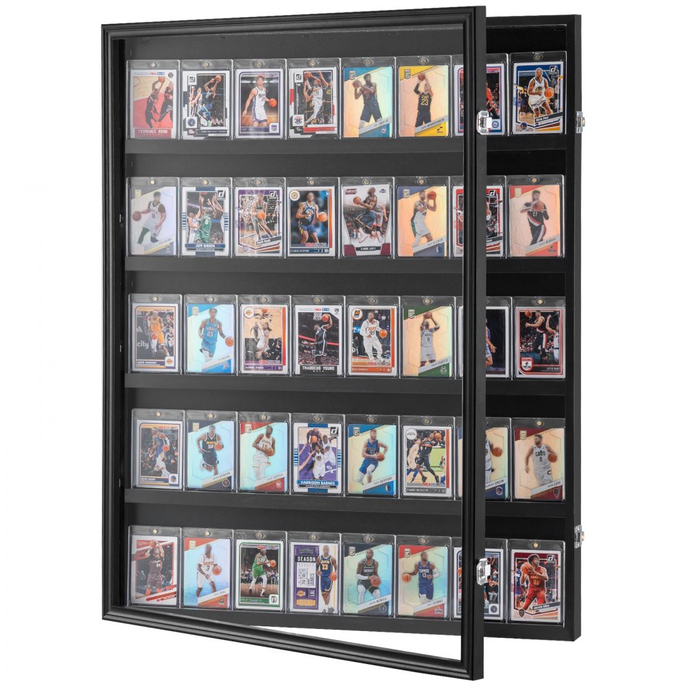 Vitrine de cartes de sport VEVOR présentant plusieurs rangées de cartes de basket-ball avec des couvertures de protection transparentes.