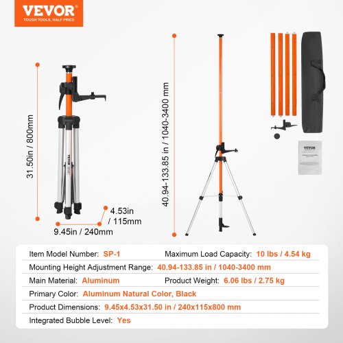 Trepied de niveau laser VEVOR, montage filete 1/4-20 et 5/8-11, reglage de la hauteur de 40,94 a 133,85 pouces avec niveau a bulle et support robuste