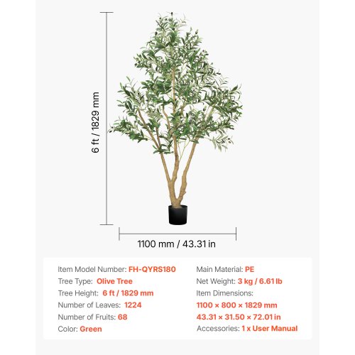 VEVOR Arbre Artificiel 179 Cm Plante Artificielle PE Haut Olivier Faux Arbre Vert Avec Pot