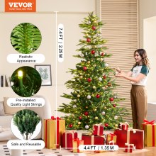 VEVOR Sapin de Noël Artificiel Pré-éclairé 2,25 m 700 LED 1319 Pointes Branches