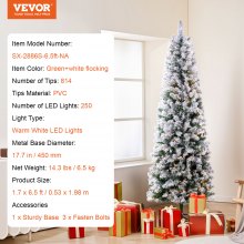 VEVOR Sapin de Noël Flocage Pré-éclairé 1,98 m 250 LED 814 Pointes Branches