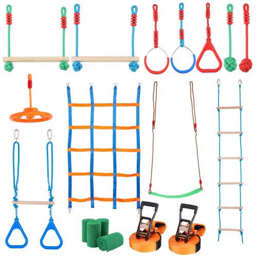 VEVOR Parcours Ninja Enfant – Slackline 15 M + 10 Obstacles, Charge 227 Kg, Pour Jardin, Arbre Ou Poteau