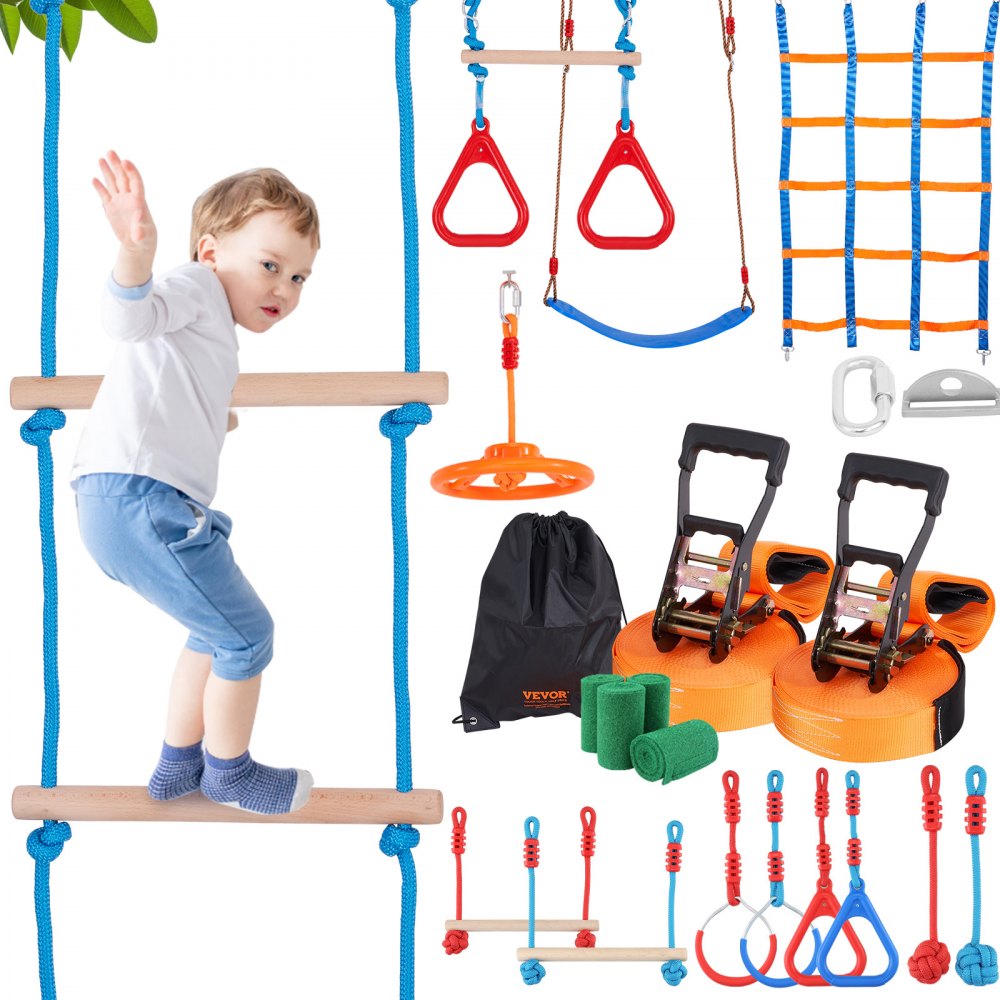 VEVOR Parcours Ninja pour Enfants Kit Slackline et Parcours d’Obstacles 2x18,29 m Charge 226,8 kg 14 Obstacles Équipement de Jeu Extérieur avec Filet d’Escalade Barre de Singe pour Jardin Arrière-Cour