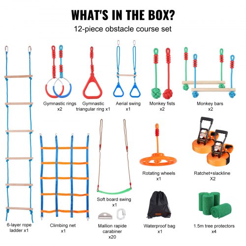 Parcours Ninja Enfants VEVOR 19,8 M X2 - Kit Complet Slackline + 12 Obstacles : Filet Escalade, Barre Singe, Anneaux - Charge 226 Kg - Jeu Extérieur Jardin