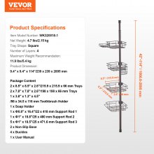 VEVOR Étagère de Douche d'Angle Télescopique 106,7-289,5 cm de Haut 4 Plateaux