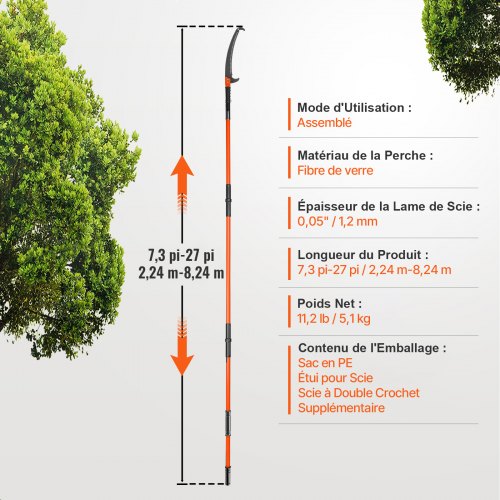 Sierra De Podar Extensible VEVOR 2,24-8,24 M - Poste De Fibra De Vidrio, Ligera