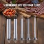 5 tubes poussoirs à saucisses VEVOR en acier inoxydable de 5 diamètres, entourés de différentes saucisses.