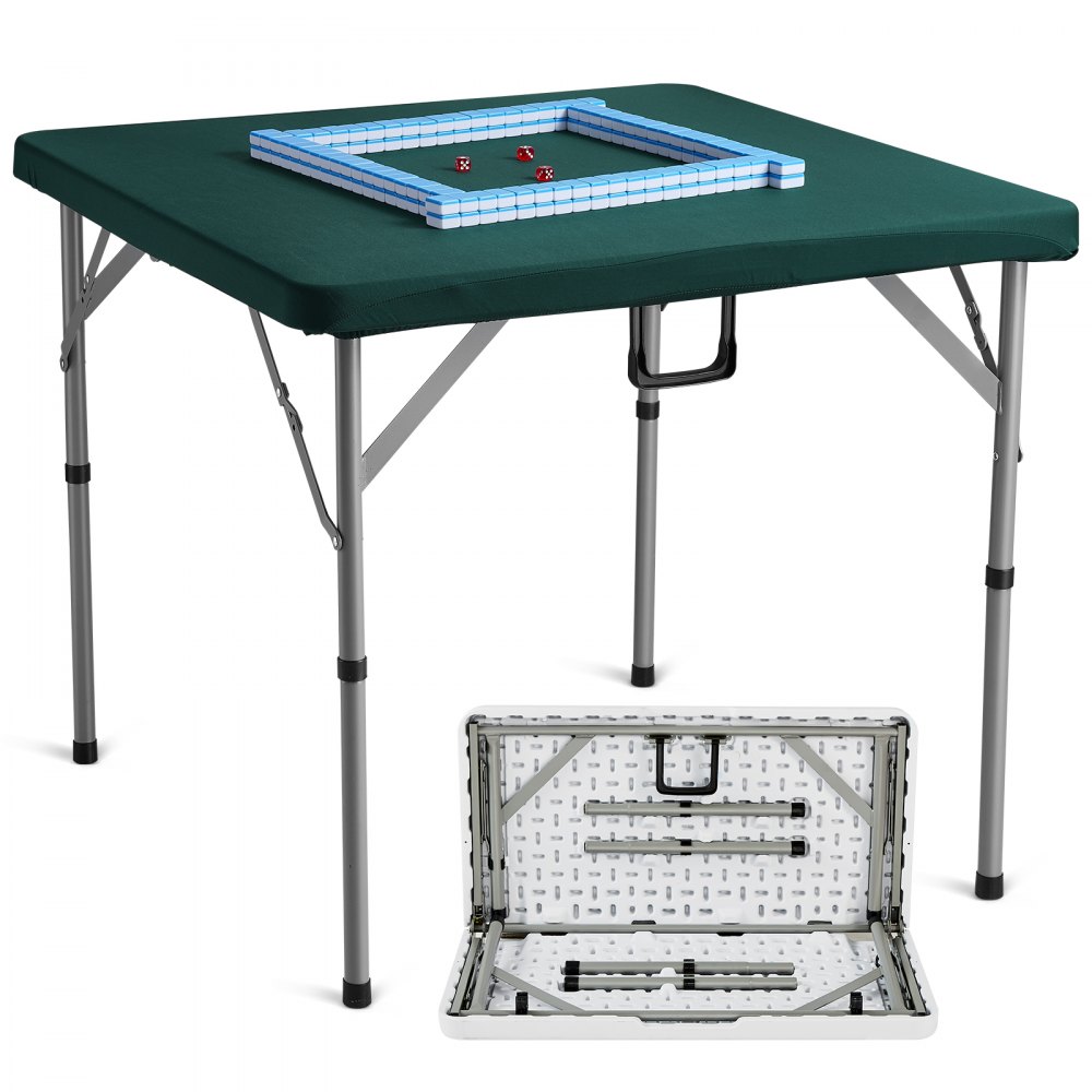 Table de mahjong VEVOR avec surface verte, tuiles bleues et pieds en métal pliables pour un rangement facile.