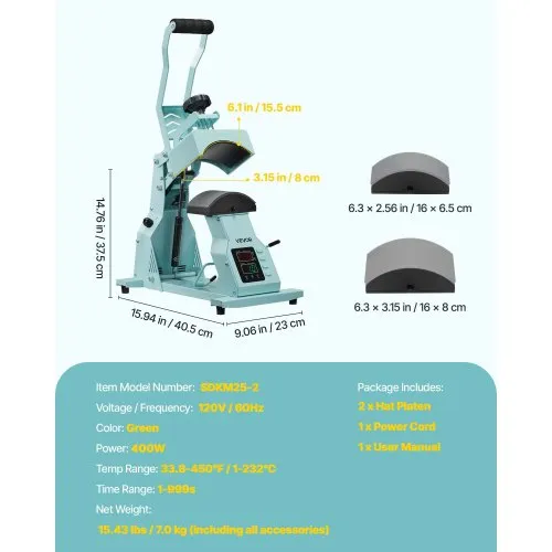 VEVOR Presse à Chaud pour Casquettes et Chapeaux, Presse de Transfert Thermique avec 2 Platines Interchangeables, Contrôle Précis du Temps et de la Température, Machine de Sublimation HTV, Vert