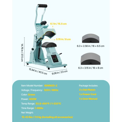VEVOR Presse à Chaud pour Casquettes et Chapeaux, Presse de Transfert Thermique avec 2 Platines Interchangeables, Contrôle Précis du Temps et de la Température, Machine de Sublimation HTV, Vert VEVOR Presse à Chaud pour Casquettes et Chapeaux, Presse de Transfert Thermique avec 2 Platines Interchangeables, Contrôle Précis du Temps et de la Température, Machine de Sublimation HTV, Vert