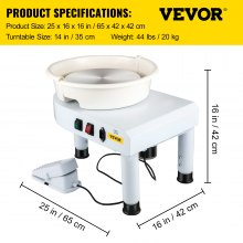 VEVOR Roue de Poterie 35 cm 450 W Machine à Tour de Potier Blanc électrique avec Pédale Tour Céramique Matériel Poterie Bassin Amovible