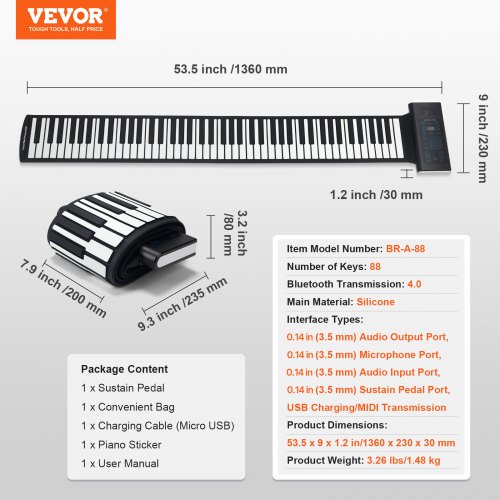 VEVOR Clavier Piano Enroulable 88 Touches, 128 Rythmes Et 128