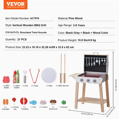 Jouet barbecue grill set, 26 PCS, ensemble de jouets de cuisine en bois pour enfant, avec feu de carbone réaliste, jeux de petit chef interactif d'intérieur/extérieur pour cadeau de 3-8 ans